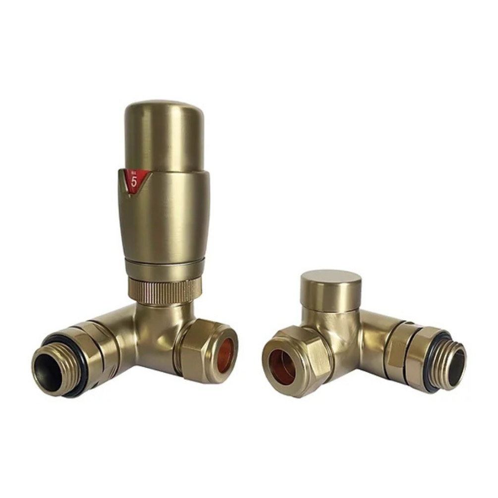 Product cut out image of the Radox Brushed Brass Thermostatic Dual Fuel Corner Valves